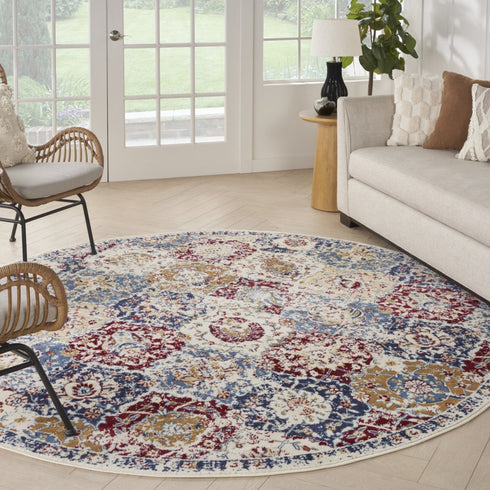 4' X 6' Navy Blue Damask Power Loom Distressed Area Rug